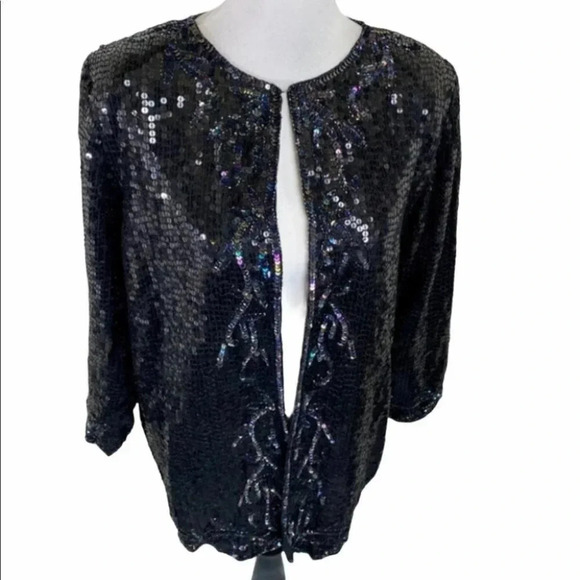 Vintage Style Design M Elegant black/multi full sequin silk jacket - Picture 2 of 11